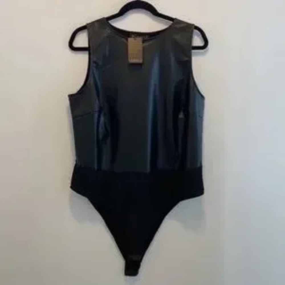 Knit Vegan Leather and Jersey Bodysuit - Size 18/20